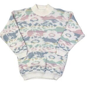Vtg 80s Sweater Sz L Floral Flowers Kei Kawaii Metallic Shimmer Metallic Pastel